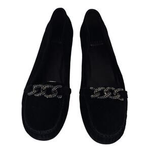 Stuart Weitzman Women Size 8.5 Black Suede Loafers Black Crystal Chain Buckle